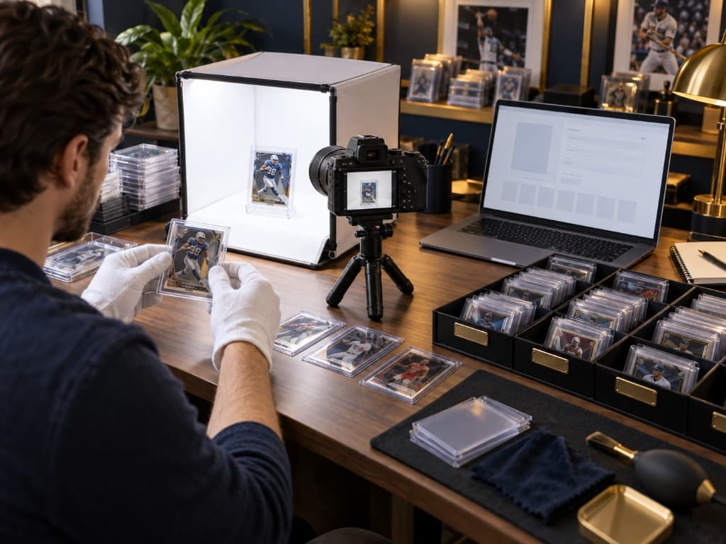 Collector reviewing cards and memorabilia